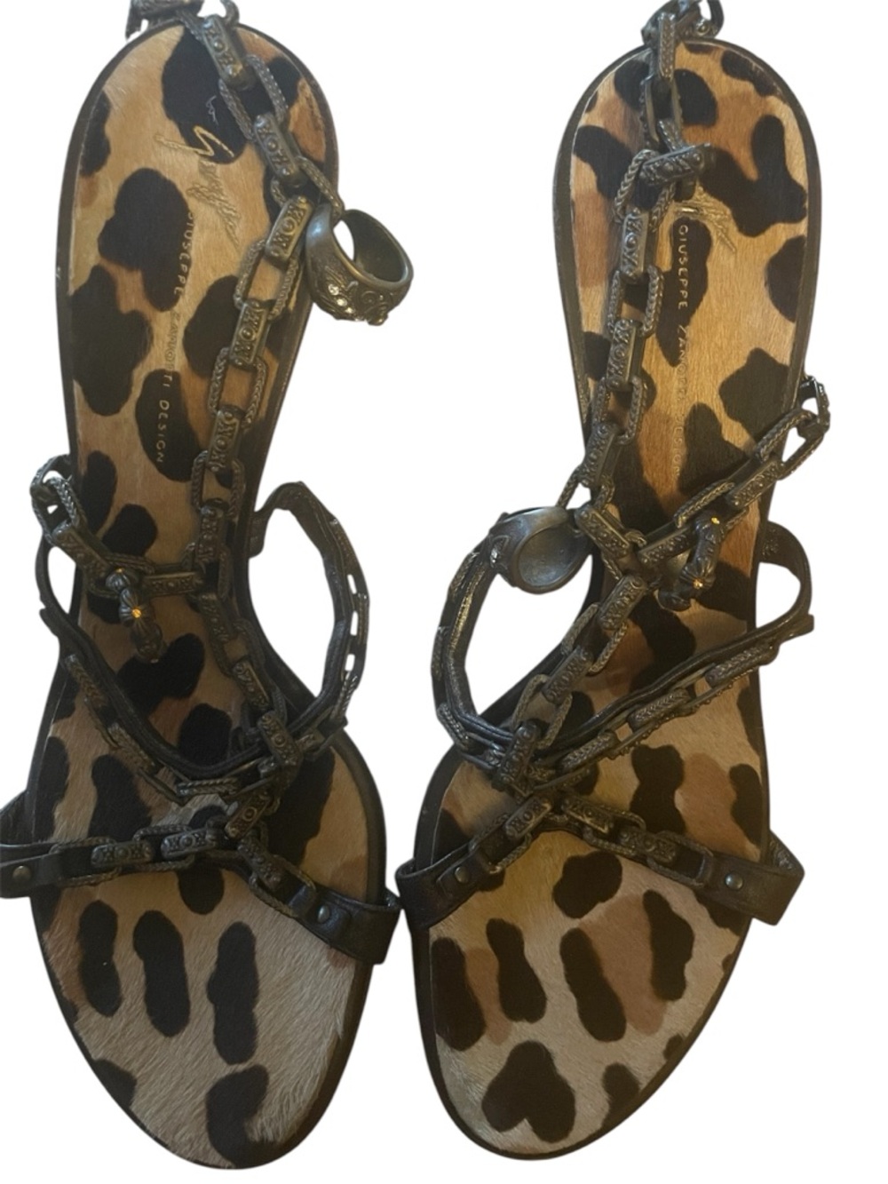 Giuseppe Zanotti Leopard-Print Chain-Strap with studded rings Stilettos /Bronze